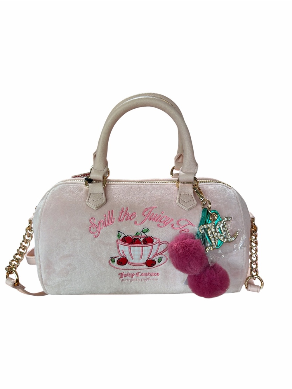 Juicy Couture Sweet Tea Party Satchel Crossbody Bag Pink Clay Embroidery Cherry